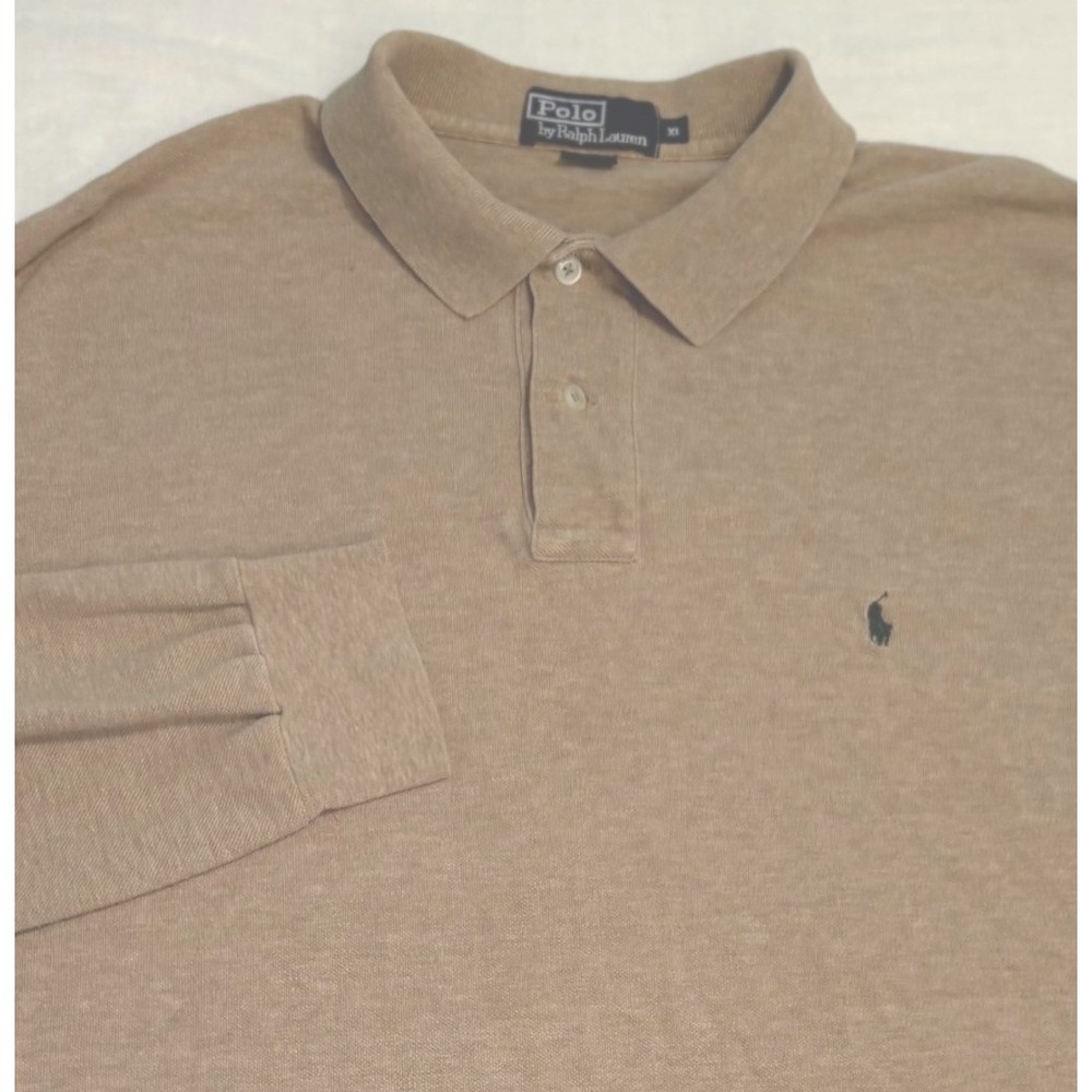 Polo Ralph Lauren Long Sleeve Polo Men XL Tan Pique Cotton Pony Logo Button Neck